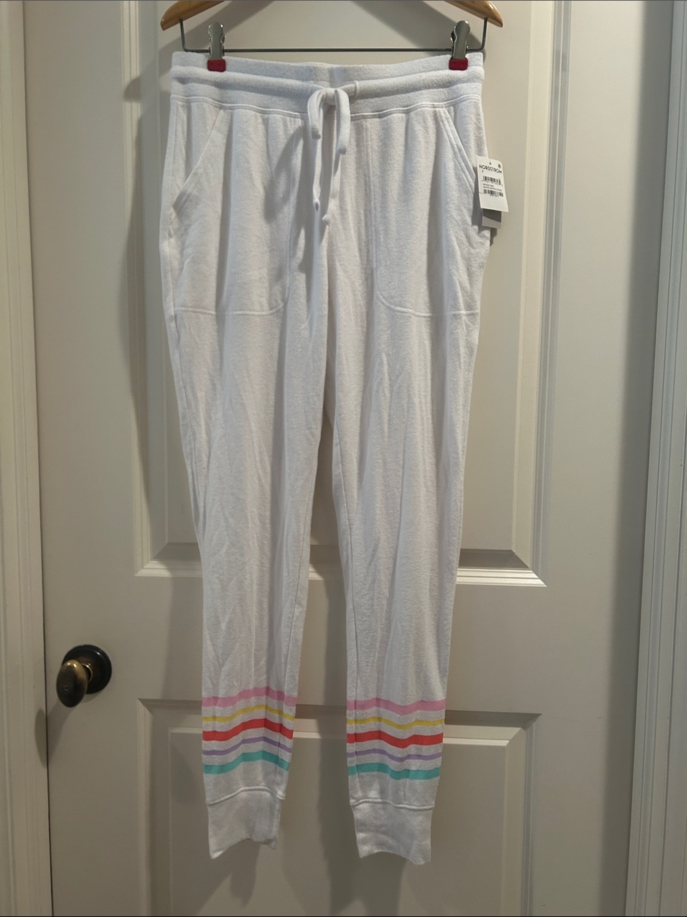 Bp Rainbow Stripe Cuff in white w/ fine lightweight fleece lounge pajama pants S